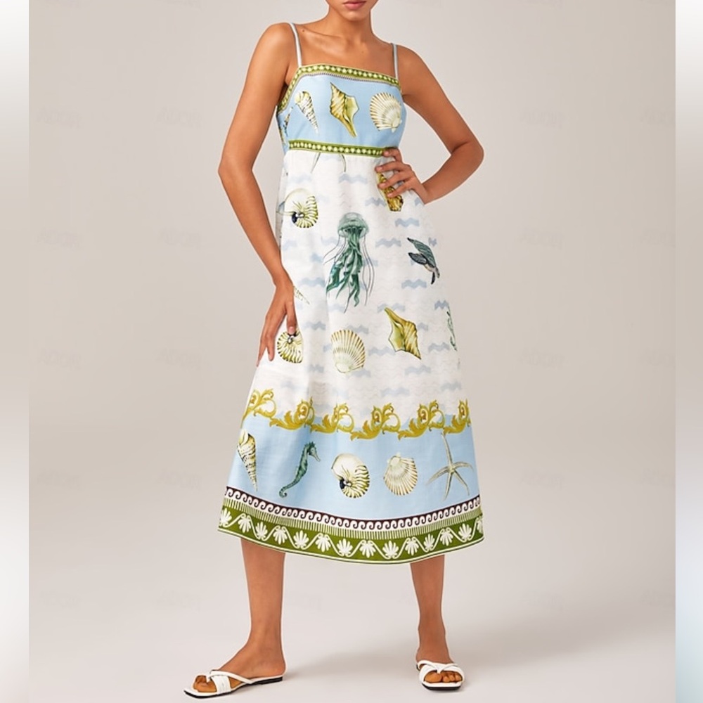 ADOR Women’s Sea-Themed Maxi Strap Dress with Shell Print Small NEW